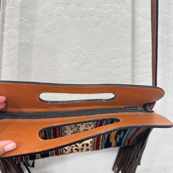Rafter T Ranch Co Tooled Leather Should Bag Purse Southwestern Aztec Fringed - Picture 6 of 10